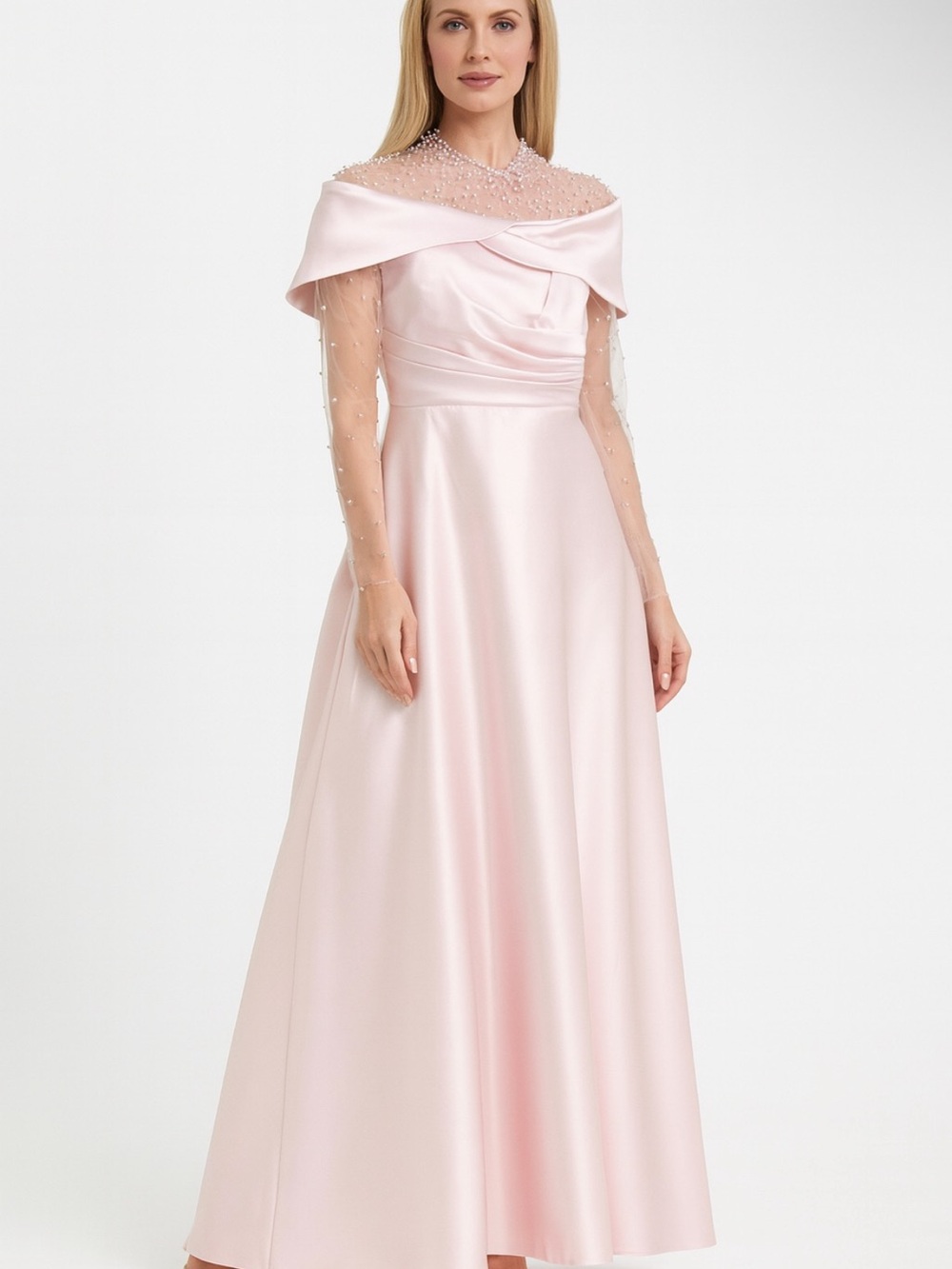 Pearl-Embellished Light Pink Off-Shoulder Maxi Dress